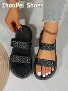 女士经典时尚个性化休闲优雅舒适百搭轻便坡跟编织凉鞋 - 黑色 - 查看 1