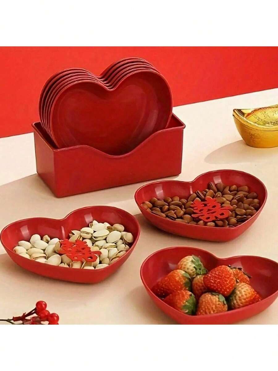 11 件心形塑料盘子，节日和婚礼小吃盘，蛋糕盘，骨盘，甜点、水果和小吃盘，适合情人节、新年、节日活动、婚礼、生日和派对 - 紅色 - 查看 1