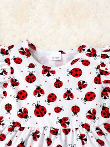 Baby Girl Ruffle Sleeve Cute Pattern Ladybug T-Shirt And Shorts Outdoor Set, Toddler Girl Casual Summer Outfit - 白色 - 查看 5