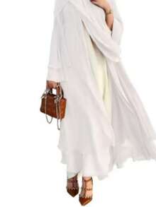 1 Set Women 2-Layer Skirt Pleated Chiffon Abaya Cardigan Long Robe, Casual Muslim Islamic Loose Dress Suitable For Daily & Festival Occasions - Apricot - View 14