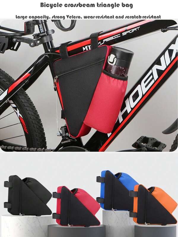 Bolsa triangular para bicicleta de montaña, organizador de almacenamiento triangular para ciclismo al aire libre, bolsa triangular para bicicleta de ruta y montaña, bolsa para manubrio de bicicleta de 1.5L con soporte para botella de agua, apto para diversas bicicletas, bolsa de almacenamiento triangular y soporte para botella de agua (botella de agua no incluida)