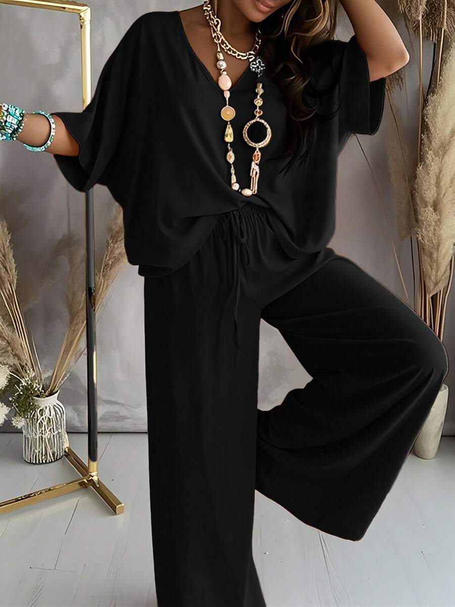 [Casual Pants Suit] Casual Solid Color Women's Pants Suit | Half Sleeve V-Neck Top And Wide Leg Pants Clothing - màu đen - Xem 1