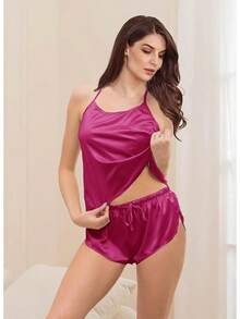4Pcs Womens Silk Pajama Sets Satin Pajamas Set Sexy Cami Lingerie Pjs Nightwear Silky Pj Loungewear Sleepwearhalloween - 玫紅色 - 查看 9