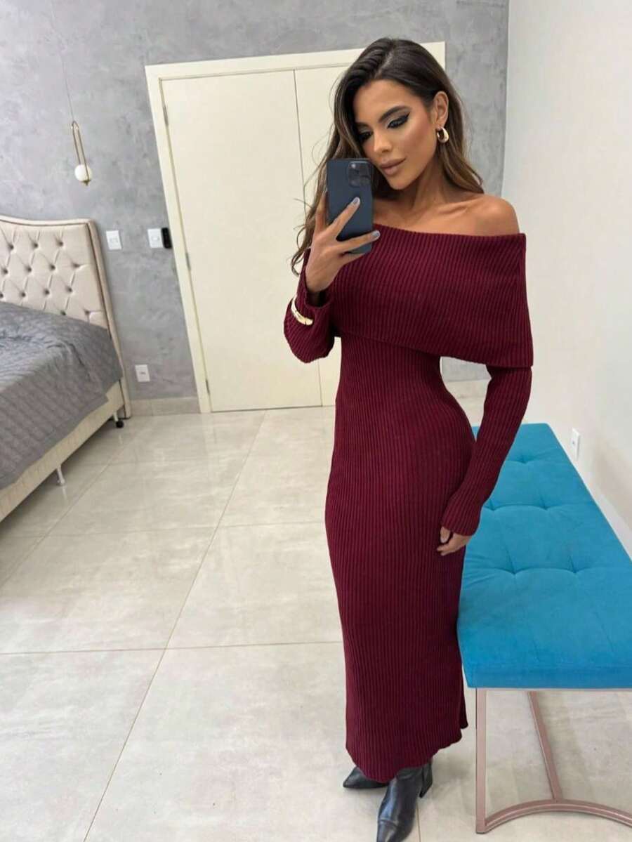 Vestido Feminino Trico Dress Manga Longa Canelado Ombro a Ombro Modal Premium Moura Tricot