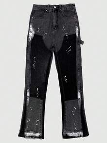 男士实用牛仔裤，直筒喇叭裤，做旧多口袋休闲裤，时尚，emo 风格 - 黑色 - 查看 4