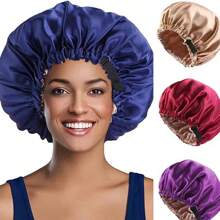 Women's Solid Colored Double-Layered Satin Bonnet Adjustable Slouchy Cap With Elastic Button Closure, Fashionable Sleep Bonnet For Daily Use To Protect & Style Hair