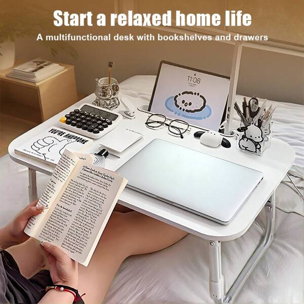Laptop Bed Table, Laptop Desk For Bed, Foldable Laptop Bed Desk With USB Charge Port, Handle, Desktop Card Slot, Cup Slot, Side Drawer, Portable Laptop Table For Bed Eating Reading Working