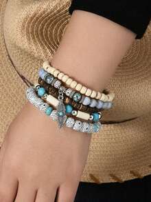 Boho Vintage Turquoise Beaded Bracelet Set, Handcrafted Denim Hat Leaf & Flower Charms, Unisex Fashion Jewelry For Daily Wear, Stone Wooden, Ideal For Valentine's, Carnival, Christmas Gifts - Random Style - 彩色 - 查看 2