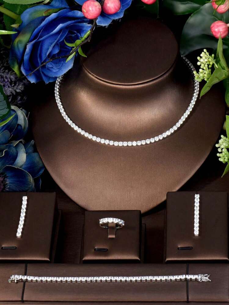1 Set de joyas geométricas elegantes de circonita cúbica, adecuado para que las mujeres lo usen en la ceremonia de graduación - Plateado - Añade 2