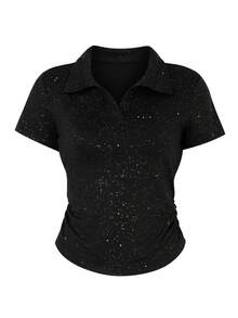 Black Lapel Metallic Summer Elegant Commuting Short Sleeve T-Shirt - Black - View 1