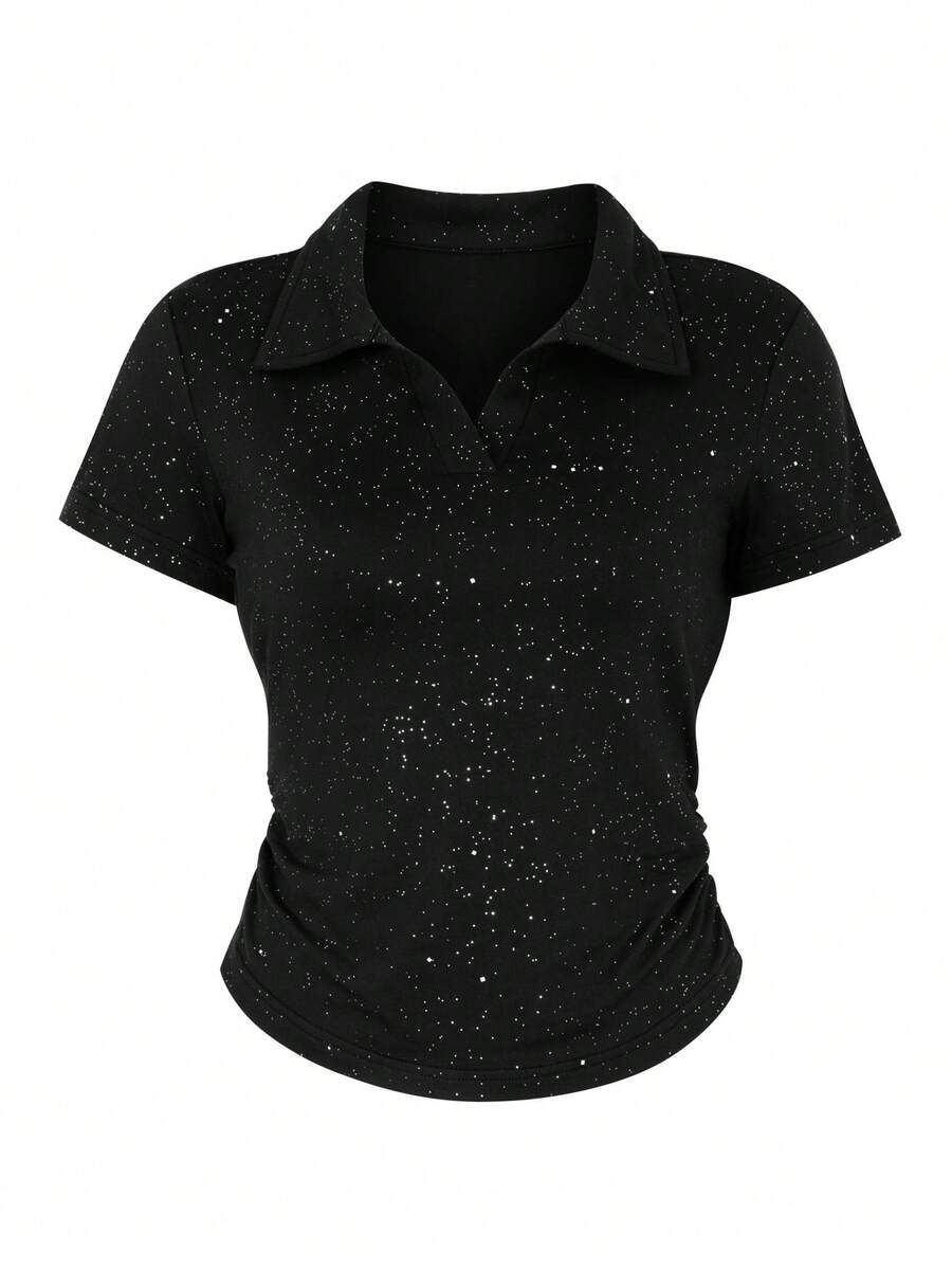 Black Lapel Metallic Summer Elegant Commuting Short Sleeve T-Shirt - Black - View 1