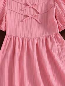 Left Mama Vestido de manga corta con lazo de unicolor elegante y dulce para niñas preadolescentes - Rosa - Ver 5