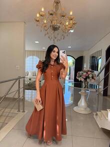 Elegant Long Dress With Puff Sleeves And Front Buttons – Sophisticated Look For Parties And Events - Rust Brown - View 1