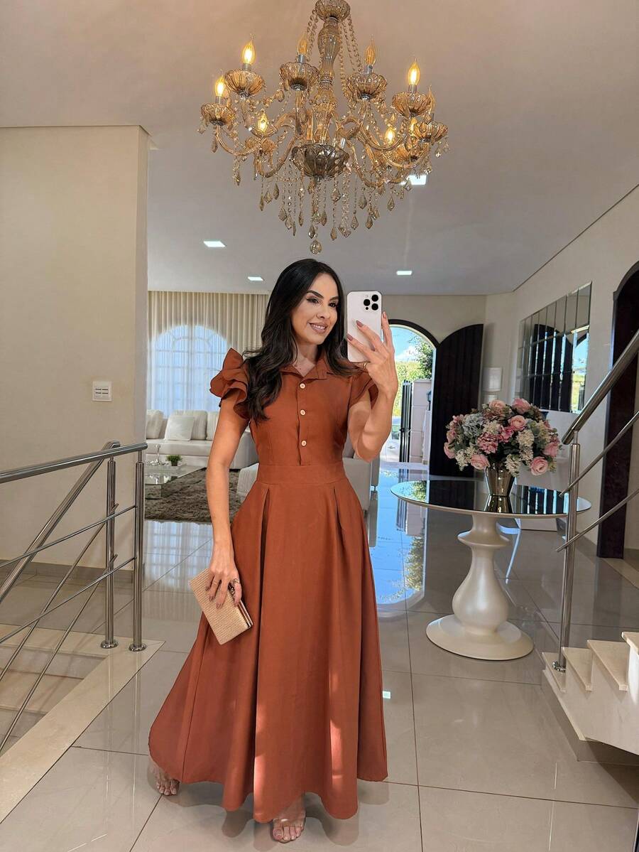 Elegant Long Dress With Puff Sleeves And Front Buttons – Sophisticated Look For Parties And Events - Rust Brown - View 1