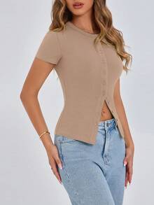 Women's Short Sleeve Summer Tops Ribbed Knit Button Up Tight Basic Tees Shirts Going Out Y2K Clothes - 卡其色 - 查看 4