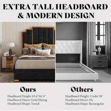 Queen/King Upholstered Velvet Bed Frame With Gold Trim Headboard, Sturdy Modern Platform Design, No Box Spring Required, Black - 黑色 - 查看 5