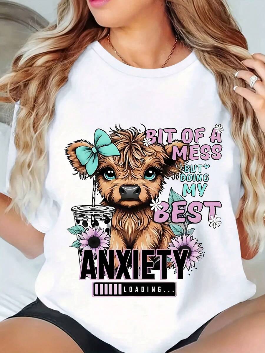 Plus Size Highland Cow Women's Shirt, Casual Chic - Casual Crew Neck Short Sleeve For Daily Wear, Casual Wear, Seasonal Fashion, Comfortable Material, Party Apparel | Fun Graphic Shirt | Comfortable Fit - trắng - Xem 1