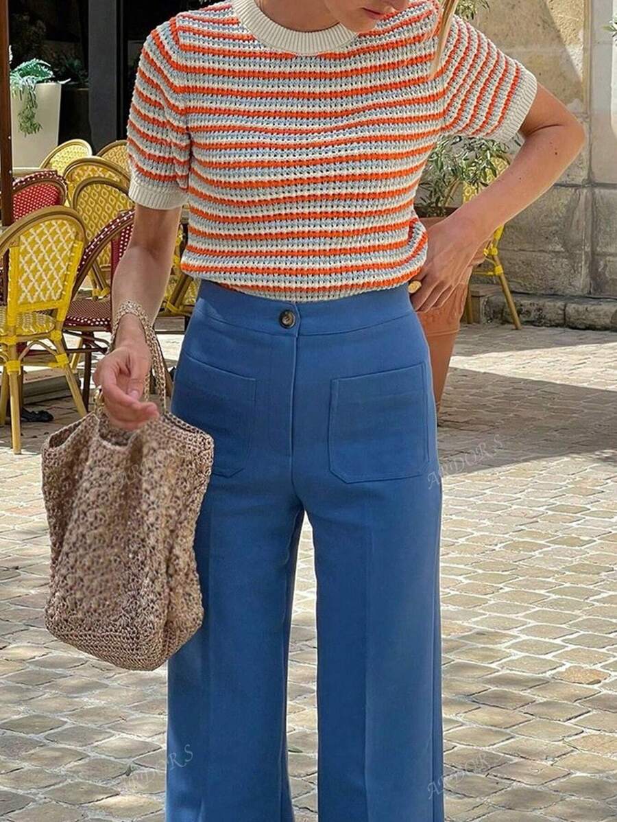 Holiday Dress Spring Summer Colorful Clashing Stripes Women's Oversized Fashion Elegant Holiday Casual Comfortable Street Hollow Out Short Sleeve Round Neck Pullover Knitted Top Women's Sweater