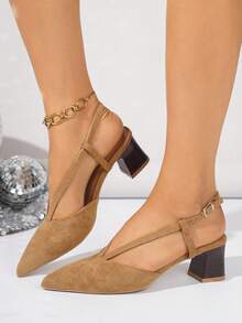 Giày cao gót đế dày kiểu dáng kitten heel bằng da lộn dành cho nữ, kiểu dáng mới, mũi nhọn, quai sau, cỡ lớn, thanh lịch. - màu nâu - Xem 3