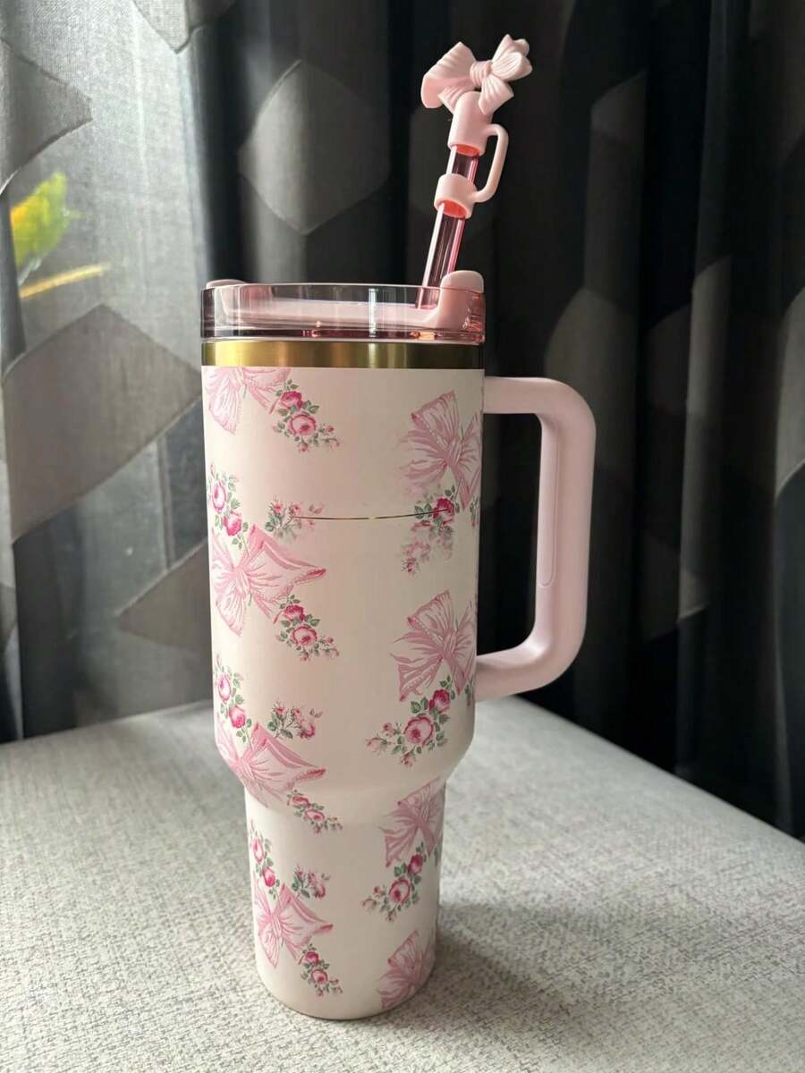 40 Oz Tumbler Stainless Steel Water Bottle Double Wall Vacuum Insulated Portable Drinking Cup Travel Iced Coffee Mug Summer Drinkware With Handle And Straw, Perfect For Travel, Home, Office, Summer Sips, Ice Drinks & Hot Drinks - 粉色 - 查看 1