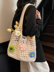 Hollow Floral Knit Bag, Oversized Casual Vacation Tote Bag, Large Capacity Woven Women's Commuter Beach Bag, Fashion Shoulder Shopping Handbag