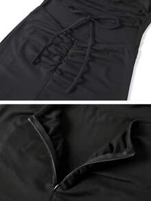 性感纯色交叉露背高开衩连衣裙，夏季休闲派对优雅装扮 - 黑色 - 查看 10