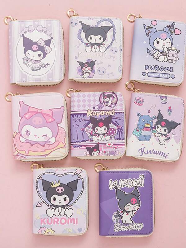 Sanrio Minimalist Cute Cartoon Wallet, Short Coin Purse Card Holder, Kuromi Print Zipper Wallet Cardcase For Students