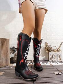 Women's Fashion Embroidered Red Peach Q Wings One Step Versatile Boots - 黑色 - 查看 2