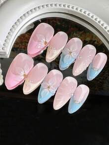 10片装3D手工花卉美甲套装，包含法式尖头甲片、马卡龙色、奶油黄、浅粉、浅蓝，按压式甲片，适合日常佩戴 - 淺藍色 - 查看 3