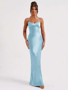 Sexig satinklänning med kors och knytning i ryggen och bodycon-top för kvinnor - Babyblå - Visa 3