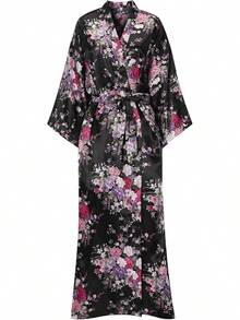 Women's Long Silk Robes Lightweight Long Satin Robes Full Length Sleepwear Dressing Gown - Black - View 1