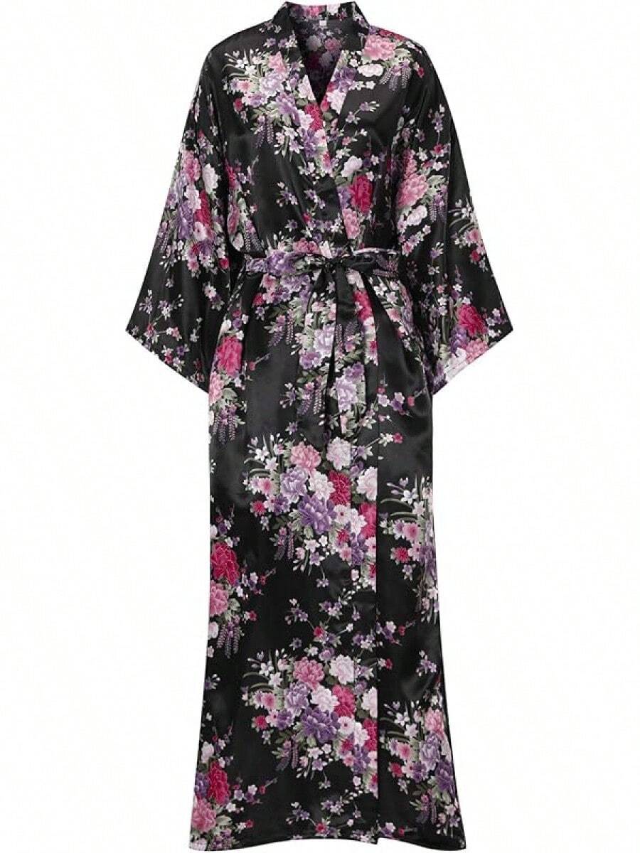 Women's Long Silk Robes Lightweight Long Satin Robes Full Length Sleepwear Dressing Gown - Black - View 1