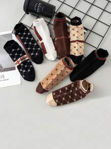 8 Pairs Women's Short Socks, Multicolor Letter & Stripe Pattern, French Luxury Retro Style, Versatile Ladies Socks
