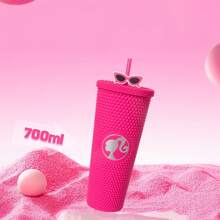 Miniso Barbie Serie Durian Strohhalm Tasse mit Deckel, Großer-Kapazität Wasserflasche Tumbler, Plastik Kaffeebecher, Geburtstaggeschenk für Mädchen 700ml/24oz