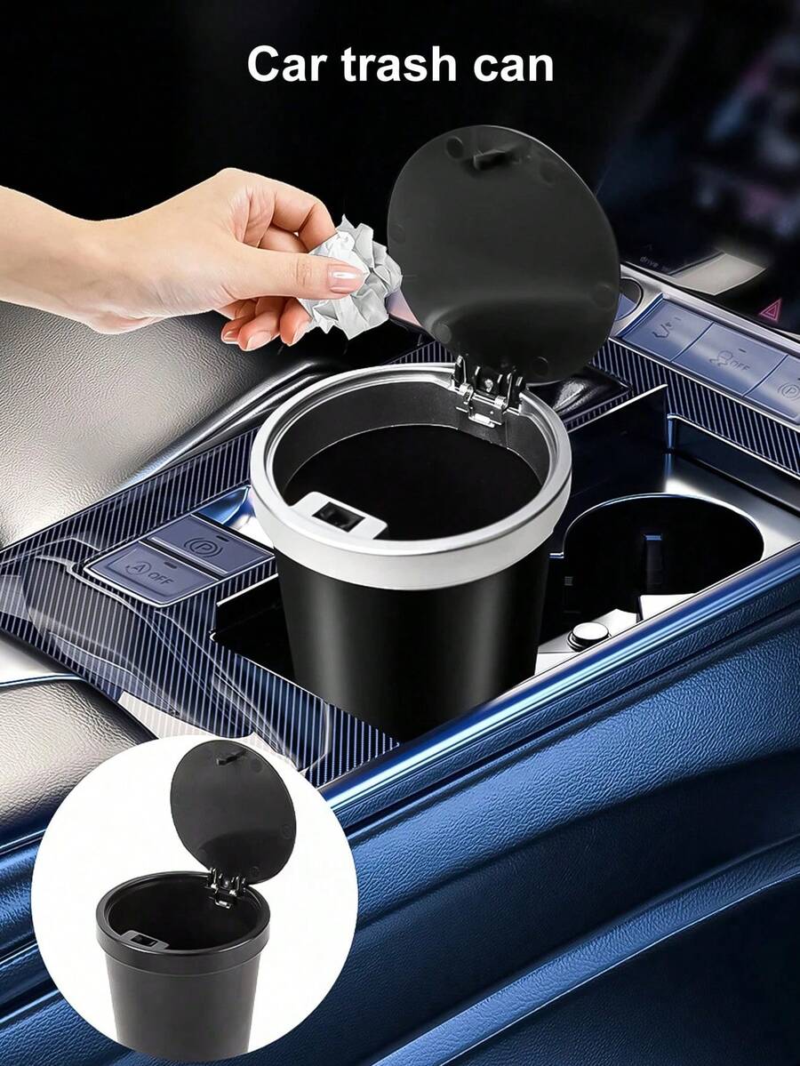 带盖汽车垃圾桶、汽车杯架垃圾桶、迷你必备车内配件、防漏垃圾桶、汽车、家庭、厨房、办公室多功能收纳和存储 - 均碼 - 查看 1