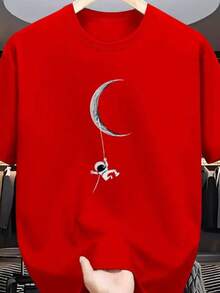 Men's Shirt With Astronaut Moon Launch Print, 100% Cotton, Round Neck - 紅色 - 查看 2