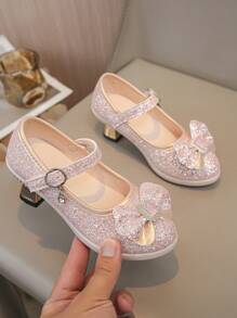 Girls Fashion High Heel Leather Shoes, Bling Glitter Princess Shoes For Kids, Suitable For Spring & Autumn