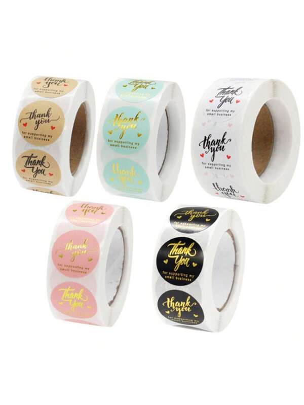 500pcs/Roll "Thank You" Sticker Set Of 5 Rolls And 5 Colors, Round Hot Pressed Cowhide Paper Thank You Sticker. Gift Packaging Supplies. For Women Storage Organizer Travel Essentials Back To School Dormitory Storage