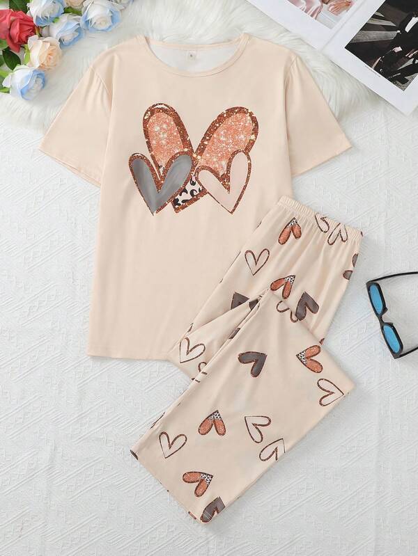 Women's Spring & Summer Lightweight Crew Neck Glittery Love Heart Print 2pcs Short Sleeve Shirt And Pants Pajama Set, Casual And Comfortable Home Wear