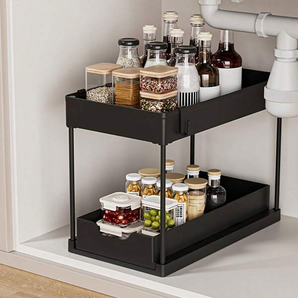 2-Layer Large-Capacity Pull-Out Kitchen Storage Rack - Smooth White/Black Storage Rack, With Multiple Compartments For Kitchen And Bathroom Essentials, Durable Plastic, Space-Saving Design, Modern Kitchen Storage Solution, Nested Rack, Kitchen Storage Rack And Storage