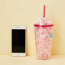 Miniso 史努比系列泡泡盖双层吸管杯，塑料茶/牛奶/饮料/咖啡杯，水瓶，600毫升/20盎司 - 玫瑰紅 - 查看 4