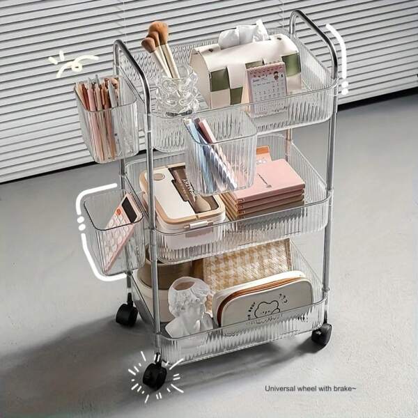 Carrello di stoccaggio trasparente su 3 livelli con ruote: organizzatore multifunzionale con ruote per casa e ufficio, ideale per camera da letto e soggiorno
