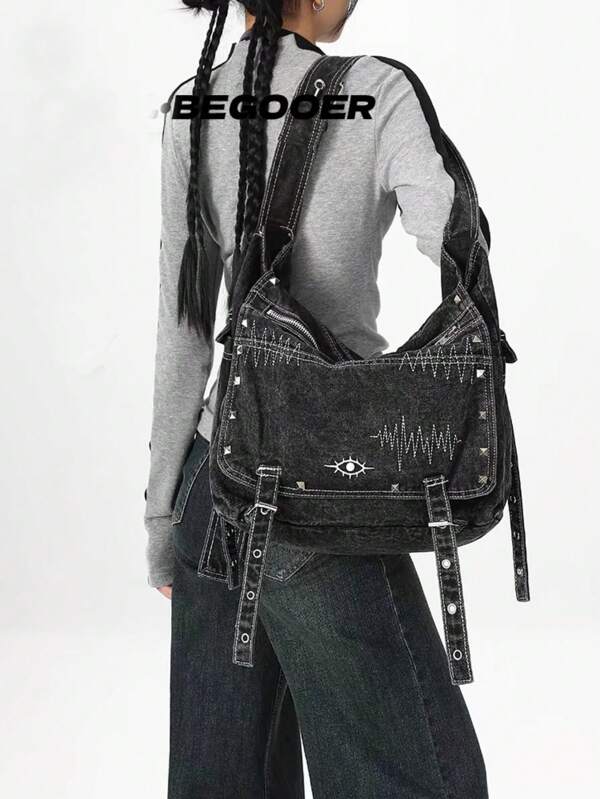 Y2K Retro Denim Crossbody Bag, Hiphop Dark Style, Large Capacity Streetwear Punk Shoulder Bag, Suitable For Daily Casual, Work And School. Extra Large Capacity Fits Books, Laptops, Etc.