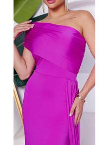 Long Women's Party And Event Dress Elegant Bridesmaids And Guests Fluity Knit With Lined Cup One Shoulder Unilateral Zero Sleeve Detail At The Waist Fluid Draped Shoulder One Size Fits 36 To 42 - 玫瑰紅 - 查看 2