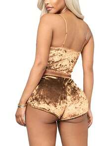 Womens Sexy Velvet Camisole Shorts Set Cute Bow Spaghetti Strap Solid Color Sleeveless Slim Sling Crop Top PJ Set With Shorts Lingerie Set Sleepwear Nightwear - 金色 - 查看 3