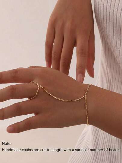 1 pieza Pulsera de anillo de dedo con cadena de cuentas de metal dorado para mujeres, estilo elegante y versátil para uso diario y casual, regalo para vacaciones (hecho a mano con 1-3 cm de error)