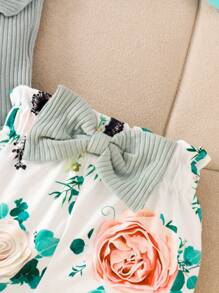 Baby Boys And Girls Summer Outfit Auntie Is The Best Friend Short Sleeve Ribbed Romper, Floral Shorts Clothing Set, Suitable For Outdoor