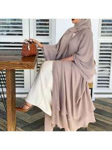 1 Set Women 2-Layer Skirt Pleated Chiffon Abaya Cardigan Long Robe, Casual Muslim Islamic Loose Dress Suitable For Daily & Festival Occasions - Apricot - View 11