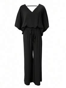 [Casual Pants Suit] Casual Solid Color Women's Pants Suit | Half Sleeve V-Neck Top And Wide Leg Pants Clothing - màu đen - Xem 2