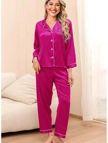 4Pcs Womens Silk Pajama Sets Satin Pajamas Set Sexy Cami Lingerie Pjs Nightwear Silky Pj Loungewear Sleepwearhalloween - 玫紅色 - 查看 8